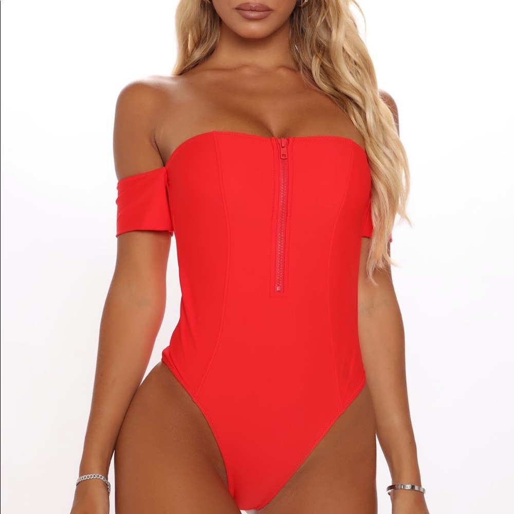 Red zip up swimsuit